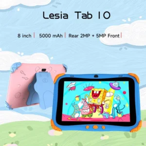 Lesia Tab 10 kids tablet in blue with orange corners, showing a colorful cartoon on its screen against a pastel background; advert text above lists specs like 8 inch and 5000 mAh.