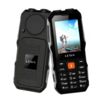 Rugged black LESIA phone with numeric keypad and top display shown from front and back, highlighting its tough design and speaker grill.
