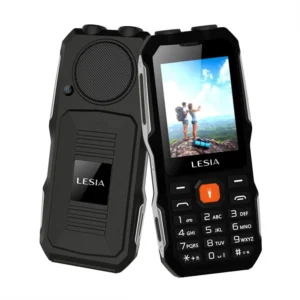 Rugged black LESIA phone with numeric keypad and top display shown from front and back, highlighting its tough design and speaker grill.