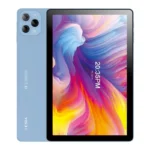 Blue tablet with a triple-camera module on the back, shown from the back and front with a colorful abstract wallpaper on the screen