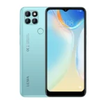 Teal smartphone shown from back and front, featuring a quad-camera module and rear fingerprint sensor on the left, with the front screen displayed on the right edge.