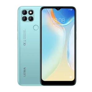 Teal smartphone shown from back and front, featuring a quad-camera module and rear fingerprint sensor on the left, with the front screen displayed on the right edge.