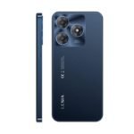 Blue LEISIA smartphone shown from back and side, featuring a triple-camera module in the top-left corner and a slim side profile.