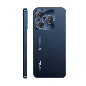 Blue LEISIA smartphone shown from back and side, featuring a triple-camera module in the top-left corner and a slim side profile.