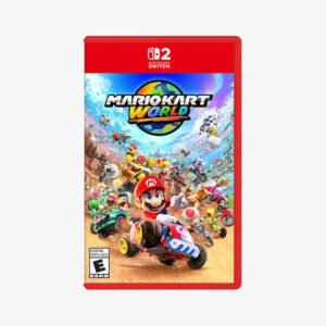 Nintendo Switch game cover for Mario Kart World, showing Mario in a go-kart racing with colorful characters on a desert track.