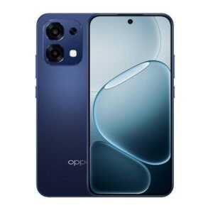 Blue Oppo smartphone shown from both sides: front display with a centered punch-hole camera and a dual-camera rear module in a square housing on blue back.