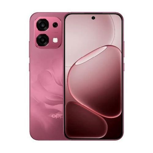 Pink smartphone shown from front and back, featuring a dual-camera setup on the back and a large edge-to-edge display with a small front camera cutout.