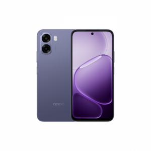 Purple Oppo smartphone shown from back and front; dual rear cameras with flash on the left and a purple wallpaper on the display.