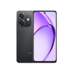 Black smartphone shown from both front and back: dual rear cameras in a vertical module and a purple wallpaper on the screen.