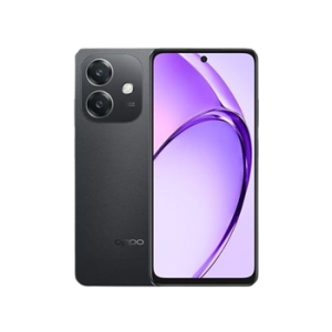 Black smartphone shown from both front and back: dual rear cameras in a vertical module and a purple wallpaper on the screen.