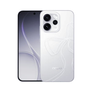 Dual-view of a white Oppo smartphone: front display on the left and back showing a triple-camera module with a decorative ribbon pattern