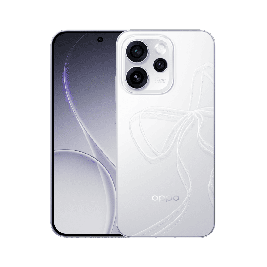 Dual-view of a white Oppo smartphone: front display on the left and back showing a triple-camera module with a decorative ribbon pattern