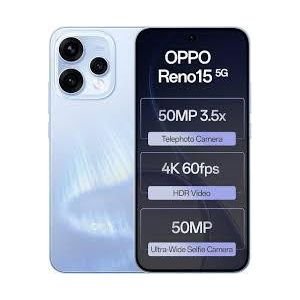OPPO Reno15 5G smartphone shown with spec labels: 50MP telephoto camera, 4K 60fps HDR video, and 50MP ultra-wide selfie camera.