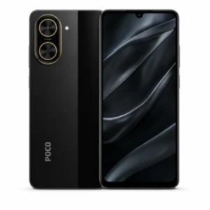 Black POCO smartphone shown from back and front, featuring a tall dual-camera module with gold rings and 'AI CAMERA' label; front screen displays a dark abstract wallpaper.