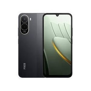 Front and back view of a black Poco smartphone: back shows a vertical triple-camera module; front features a nearly edge-to-edge display with a small notch at the top.