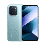 Front and back view of a light blue POCO smartphone; front shows a nearly edge-to-edge display with a small notch, back features a large square quad-camera module.