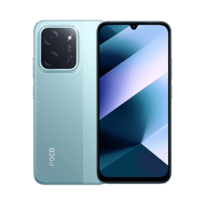 Front and back view of a light blue POCO smartphone; front shows a nearly edge-to-edge display with a small notch, back features a large square quad-camera module.
