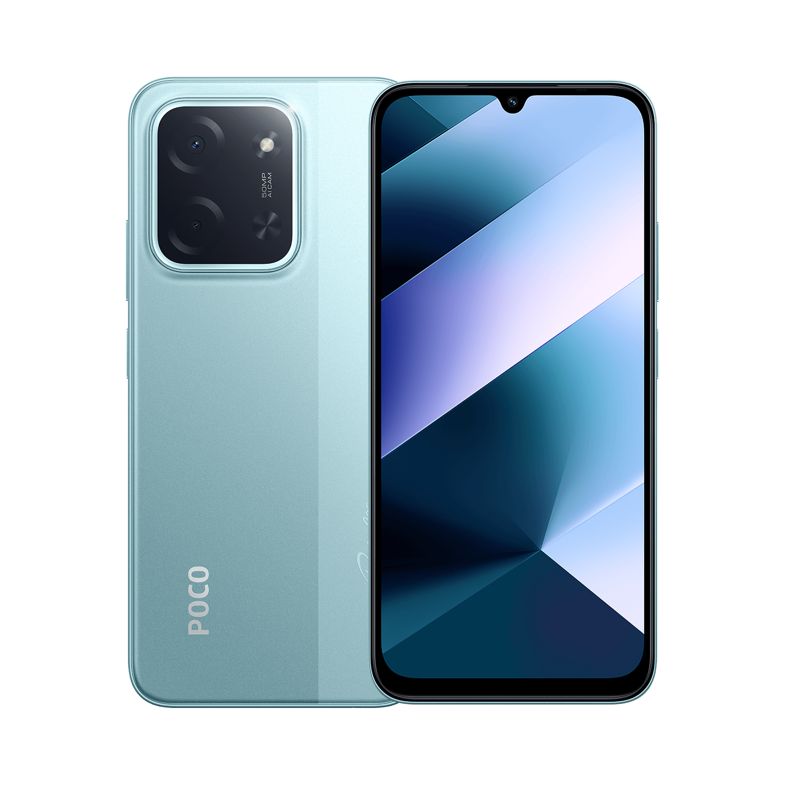 Front and back view of a light blue POCO smartphone; front shows a nearly edge-to-edge display with a small notch, back features a large square quad-camera module.