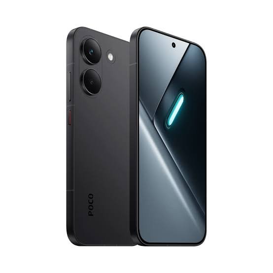 Black POCO smartphone shown from back and front with a dual-camera rear setup and a tall edge-to-edge display on the front