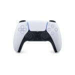 White PlayStation 5 DualSense controller viewed from the front, with two analog sticks, D-pad, and blue light bar.
