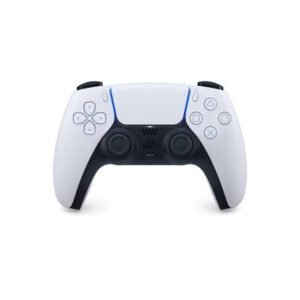 White PlayStation 5 DualSense controller viewed from the front, with two analog sticks, D-pad, and blue light bar.
