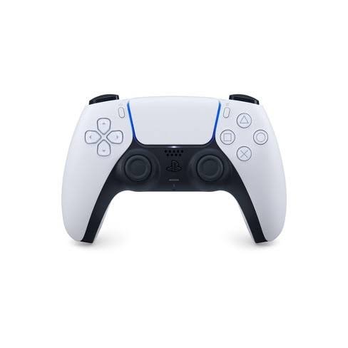 White PlayStation 5 DualSense controller viewed from the front, with two analog sticks, D-pad, and blue light bar.