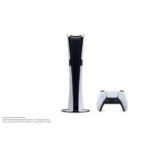 Sony PlayStation 5 console standing vertically with its stand and a white/gray DualSense controller beside it on a white background.