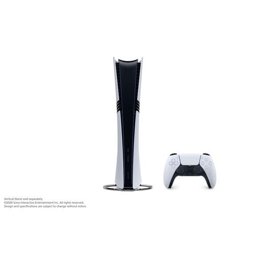Sony PlayStation 5 console standing vertically with its stand and a white/gray DualSense controller beside it on a white background.