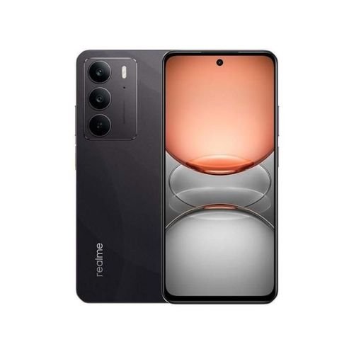 Black Realme smartphone with a triple-camera rear module and edge-to-edge display.