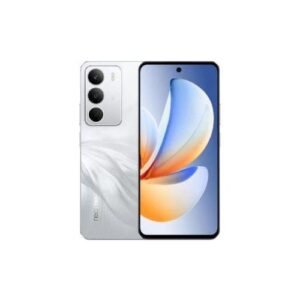 Front and back view of a white smartphone with a large edge-to-edge display and a triple-camera module on the back.