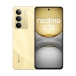 Gold Realme C75 smartphone, front and back views, with a triple-camera rear module and Realme logo; front displays a punch-hole camera at top center.