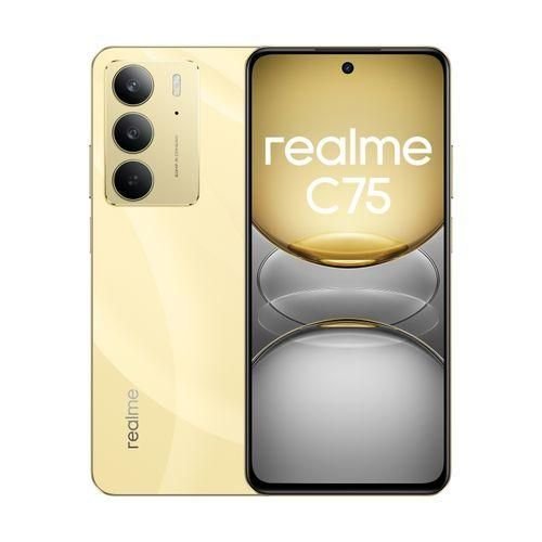 Gold Realme C75 smartphone, front and back views, with a triple-camera rear module and Realme logo; front displays a punch-hole camera at top center.