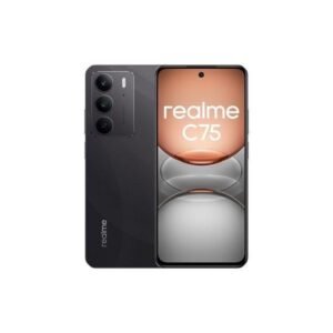 Realme C75 smartphone shown from front and back, highlighting the large triple-camera module on the back and the punch-hole front display with the Realme logo on the screen.