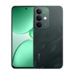 Realme smartphone shown from front and back: green wallpaper on the screen and a dark glass back with a triple-camera module in the top-left, highlighted by a green ring around the top lens.