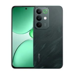Realme smartphone shown from front and back: green wallpaper on the screen and a dark glass back with a triple-camera module in the top-left, highlighted by a green ring around the top lens.