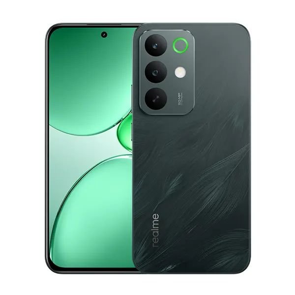 Realme smartphone shown from front and back: green wallpaper on the screen and a dark glass back with a triple-camera module in the top-left, highlighted by a green ring around the top lens.
