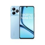 Front and back view of a light-blue Realme Note 50 smartphone, showing triple rear cameras and a large display.