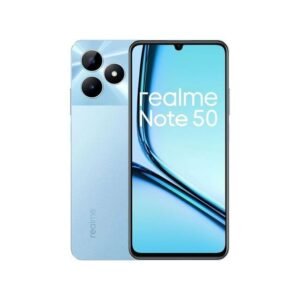 Front and back view of a light-blue Realme Note 50 smartphone, showing triple rear cameras and a large display.