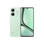 Mint green smartphone with dual rear cameras and a tall edge-to-edge display with a notch at the top center on the front.