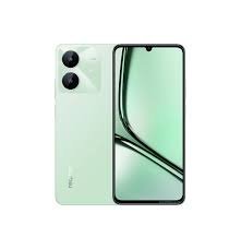Mint green smartphone with dual rear cameras and a tall edge-to-edge display with a notch at the top center on the front.