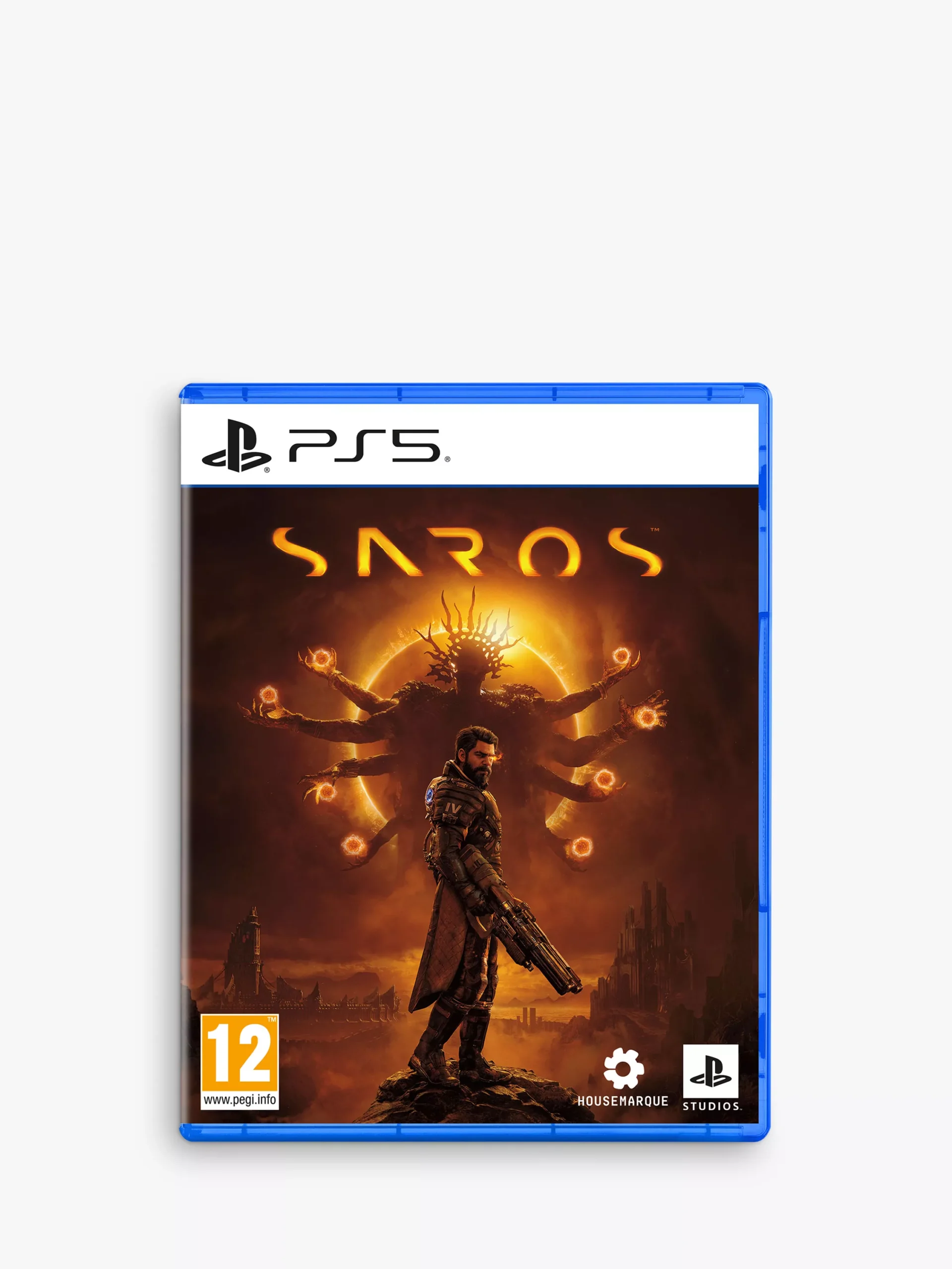 PS5 game case for Returnal showing a armed astronaut before a fiery orb and alien figures, with PEGI 12 rating and logos at bottom.