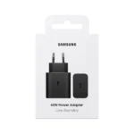 Samsung 60W power adapter with dual-prong charger and small black brick, on white packaging labeled Samsung and Low Standby