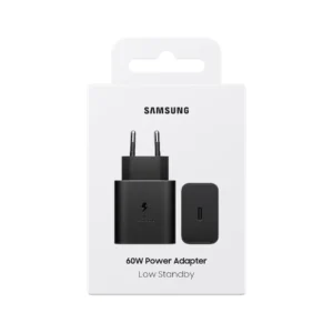 Samsung 60W power adapter with dual-prong charger and small black brick, on white packaging labeled Samsung and Low Standby