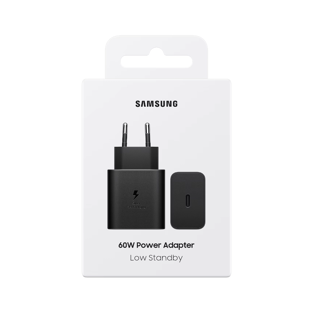 Samsung 60W power adapter with dual-prong charger and small black brick, on white packaging labeled Samsung and Low Standby
