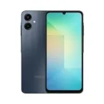 Blue smartphone shown from both front and back, featuring a dual-camera module on the rear and a bright, colorful home screen on the front.
