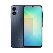 Blue smartphone shown from both front and back, featuring a dual-camera module on the rear and a bright, colorful home screen on the front.