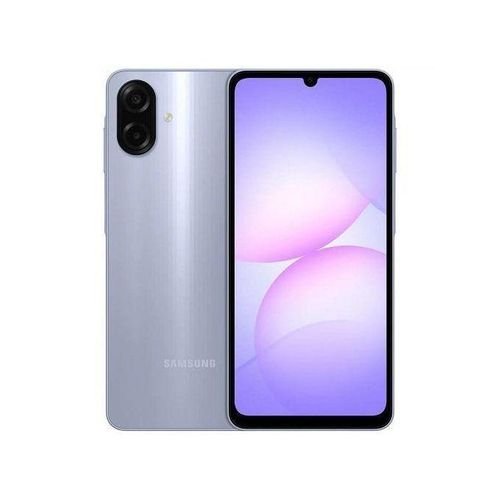 Samsung smartphone with silver back and dual-camera module, shown from rear and front displaying a purple gradient wallpaper.