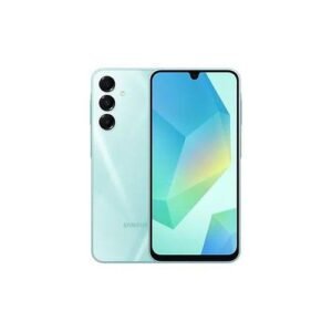 Mint green Samsung smartphone with a triple-camera rear array and a large display visible on the front