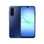 Blue Samsung smartphone shown from both sides: triple-camera rear array and a tall edge-to-edge display on the front.