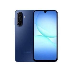 Blue Samsung smartphone shown from both sides: triple-camera rear array and a tall edge-to-edge display on the front.